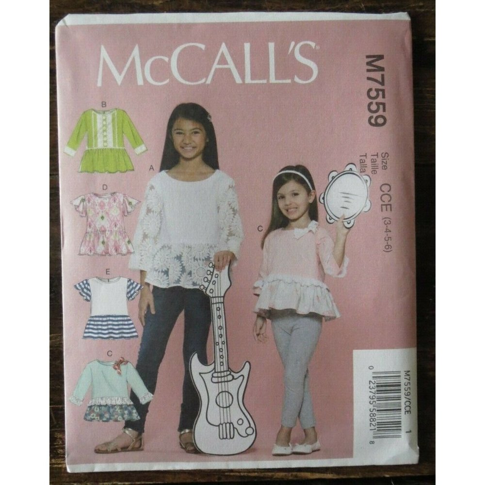 New McCall's M7559 CCE Pattern 5 Styles of Girls Peplum Ruffled Tops Size 3-6